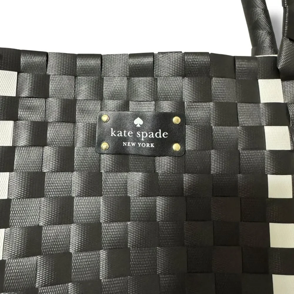 Kate Spade Large Woven Tote Black White Checkered Coastal Clean Girl Style
